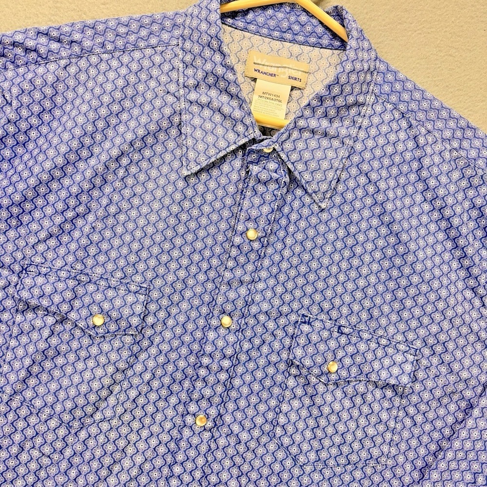Wrangler Rancher Western Shirt Mens 2XL Pearl Snap Long Sleeve Blue Geometric